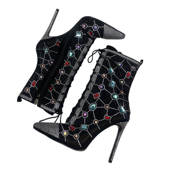 Azalea Wang Diamond Dream Lace Up Gem Black Mesh Jewel Booties Size 8 Ladies - Picture 2 of 16